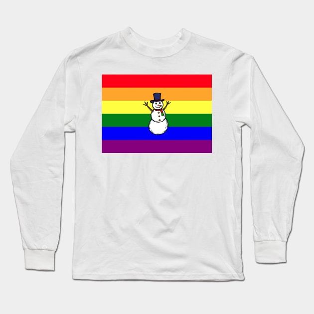 A hand drawn of a gay snowman on rainbow pride flag background, Long Sleeve T-Shirt by Nalidsa